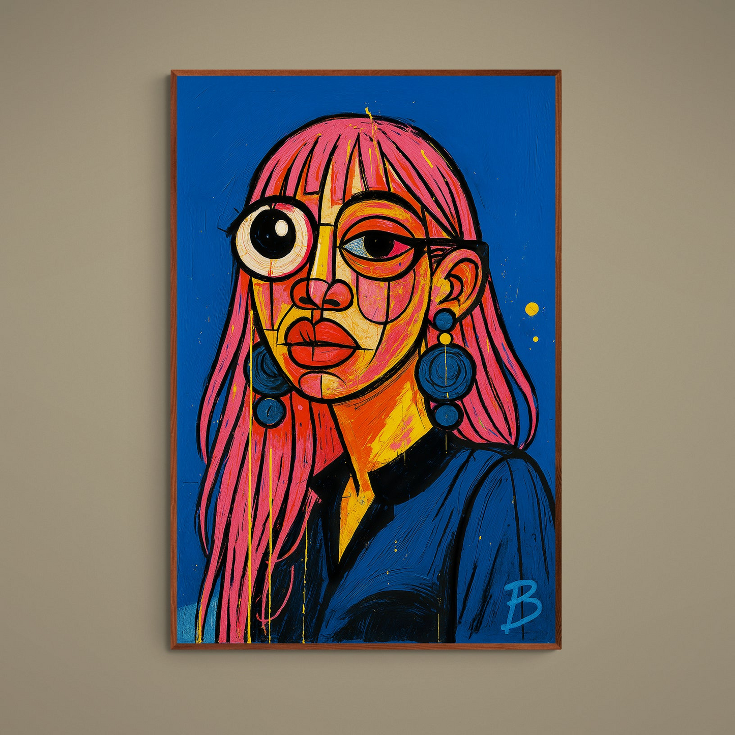 Surreal pop art portrait with pink hair, oversized eye, orange-yellow face, black outlines and blue background