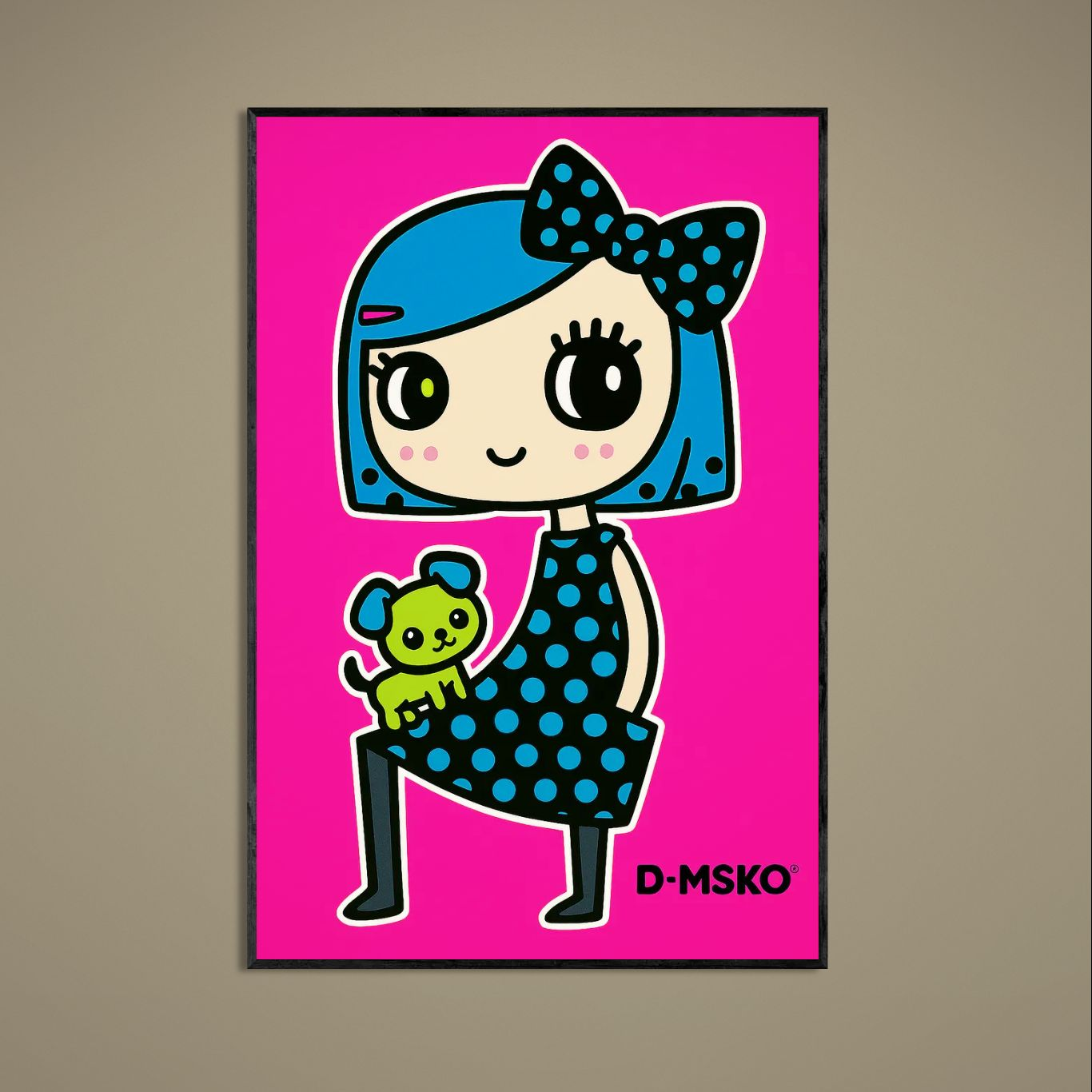 Kawaii blue-haired girl holding lime green puppy on hot pink polka dot matte paper poster