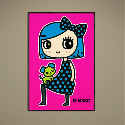 Kawaii blue-haired girl holding lime green puppy on hot pink polka dot matte paper poster
