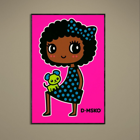 Afro girl holding green puppy on hot pink pop-art matte poster with blue polka-dot dress