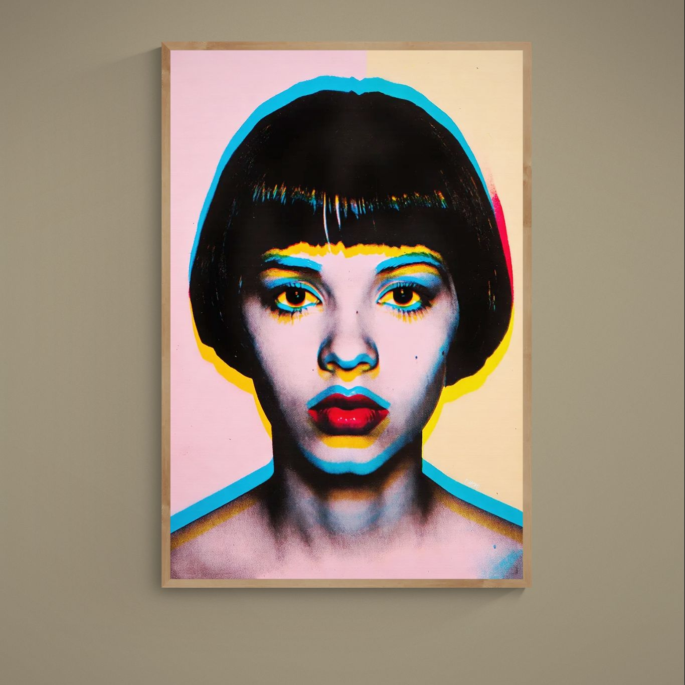 Pop art portrait poster with grayscale face and turquoise yellow magenta afterimage halos
