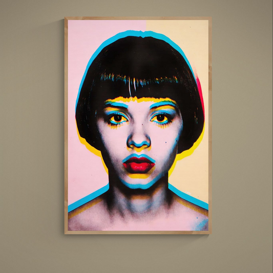 Pop art portrait poster with grayscale face and turquoise yellow magenta afterimage halos