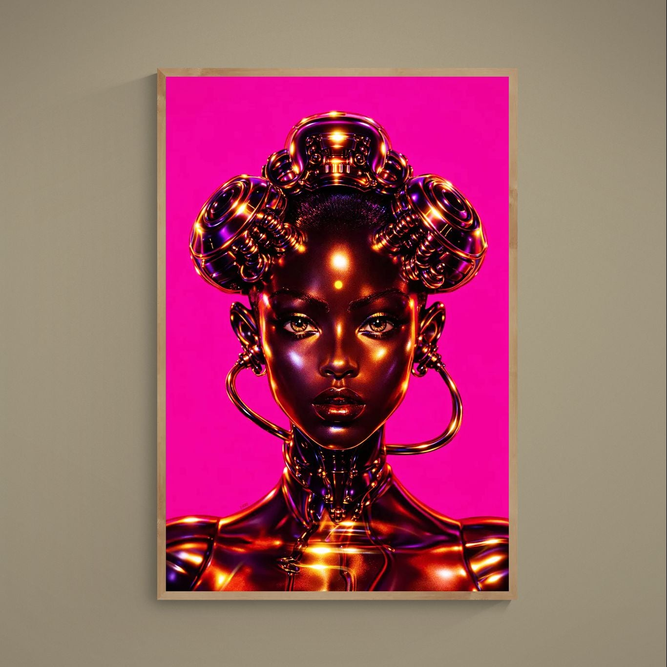 Afrofuturist female portrait with gold-chrome regalia on hot-pink background, vertical unframed poster