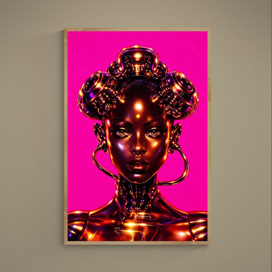 Afrofuturist female portrait with gold-chrome regalia on hot-pink background, vertical unframed poster