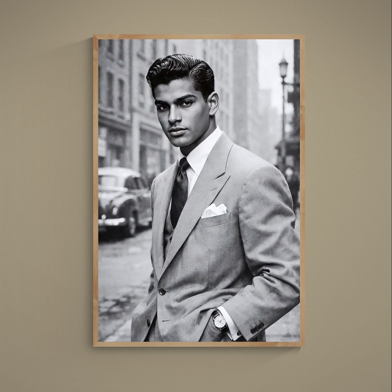 Black-and-white film noir portrait in a tailored suit on a vintage city street