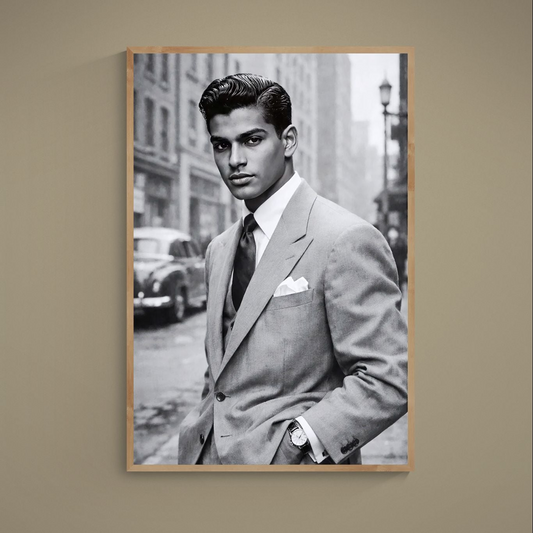 Black-and-white film noir portrait in a tailored suit on a vintage city street
