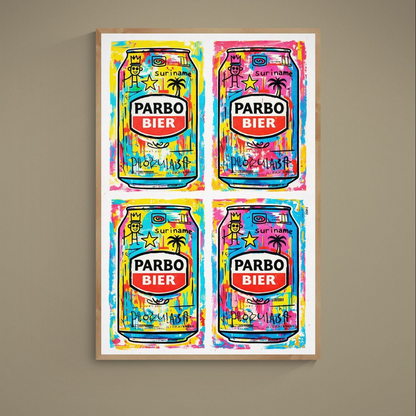 Four-up pop art poster of PARBO BIER cans with turquoise, yellow, pink and red paint splashes