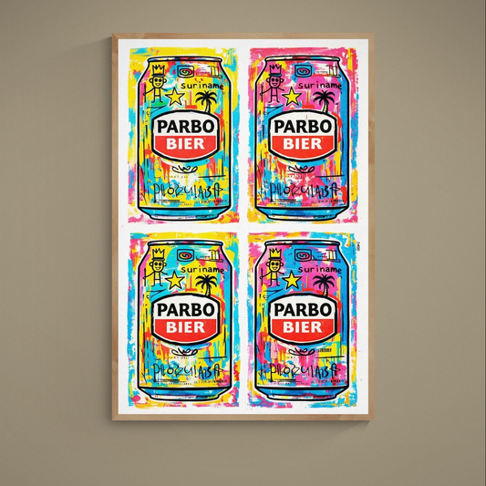 Four-up pop art poster of PARBO BIER cans with turquoise, yellow, pink and red paint splashes