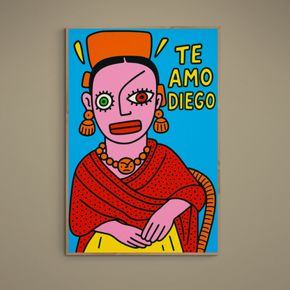 Unframed pop art portrait poster with blue background, pink face, yellow Te Amo Diego text, and bold black outlines