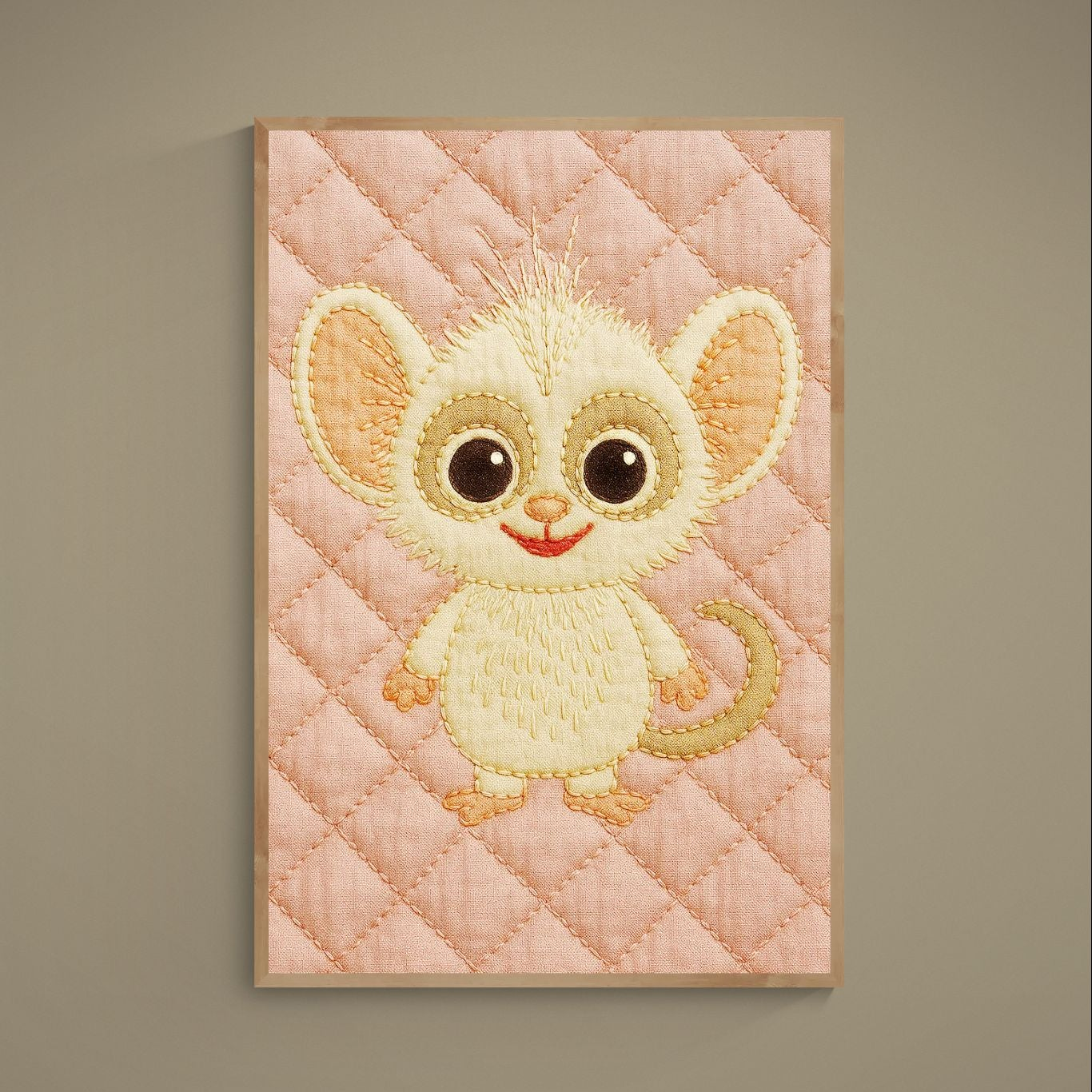 Stitched-look mouse poster on blush pink diamond quilt background, unframed matte paper print