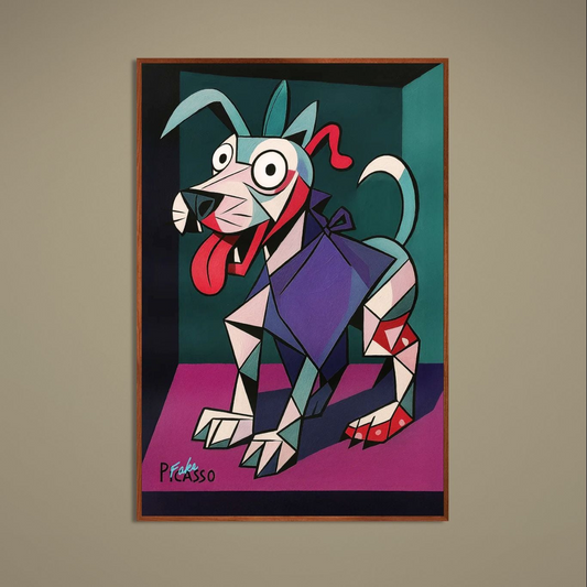 Cubist-inspired dog poster with turquoise, purple, red and cream geometric color blocks