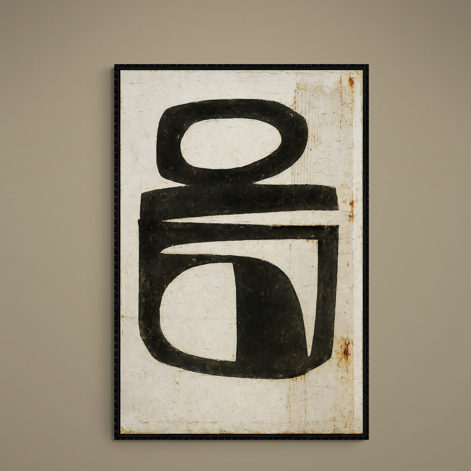 Black glyph-like brushstrokes on a beige textured vertical matte paper poster shown in a black frame