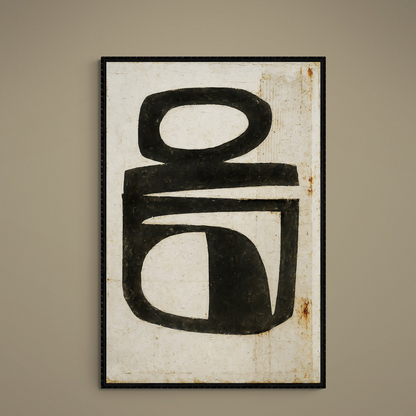 Black glyph-like brushstrokes on a beige textured vertical matte paper poster shown in a black frame