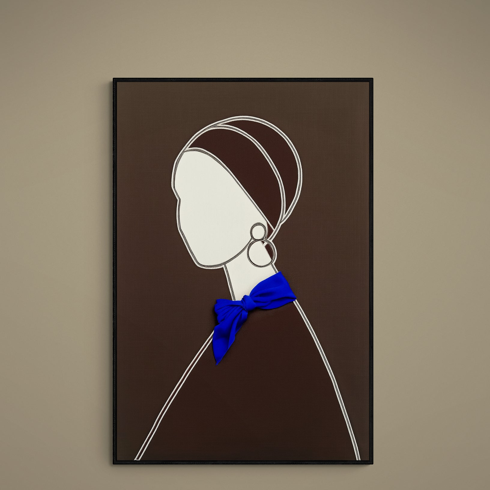 Faceless female line art portrait on brown background with blue ribbon and hoop earring