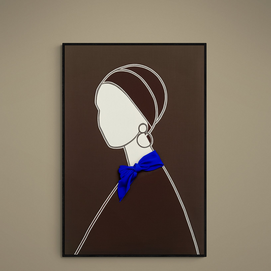 Faceless female line art portrait on brown background with blue ribbon and hoop earring