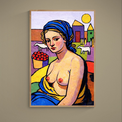 Stylized nude portrait poster with vivid blue headscarf, bold outlines, sun, houses and sheep