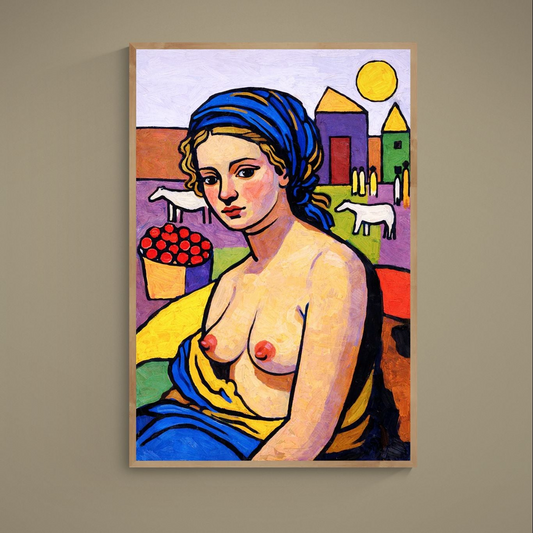 Stylized nude portrait poster with vivid blue headscarf, bold outlines, sun, houses and sheep