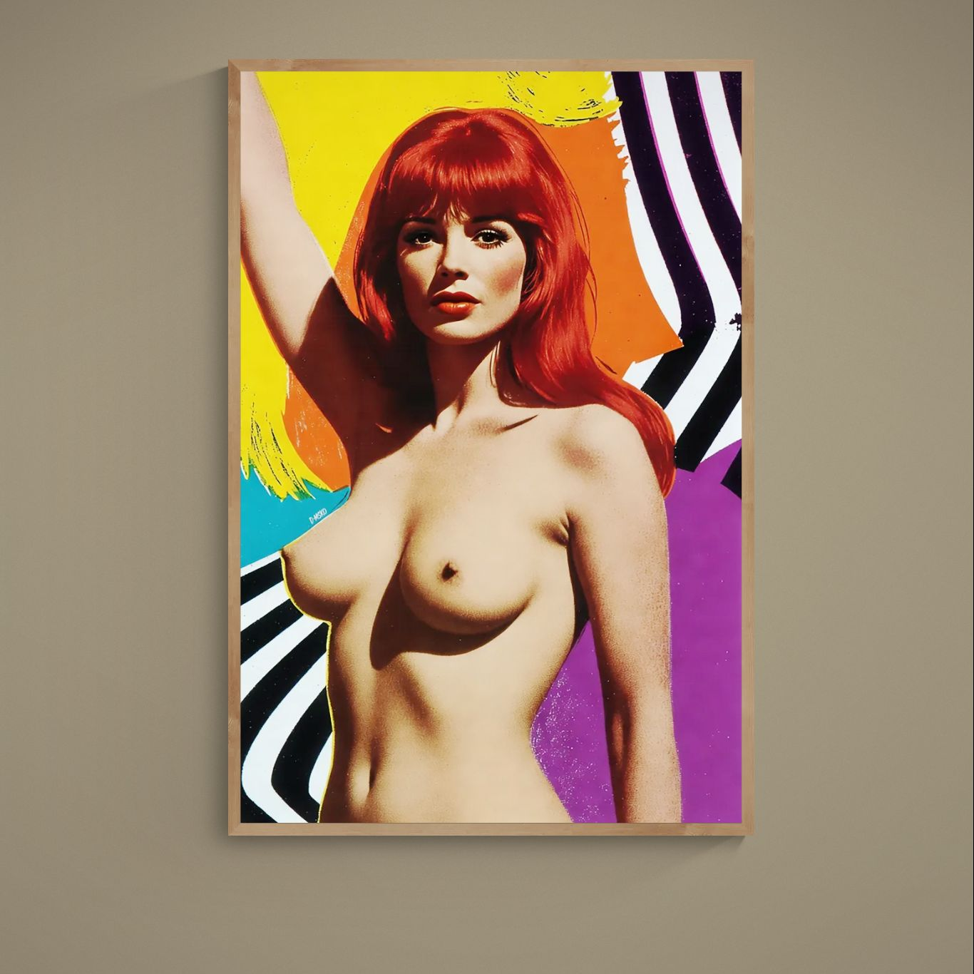 Pop-art red-haired nude portrait with zebra stripes and yellow, orange, turquoise and purple color blocks
