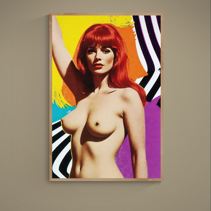 Pop-art red-haired nude portrait with zebra stripes and yellow, orange, turquoise and purple color blocks