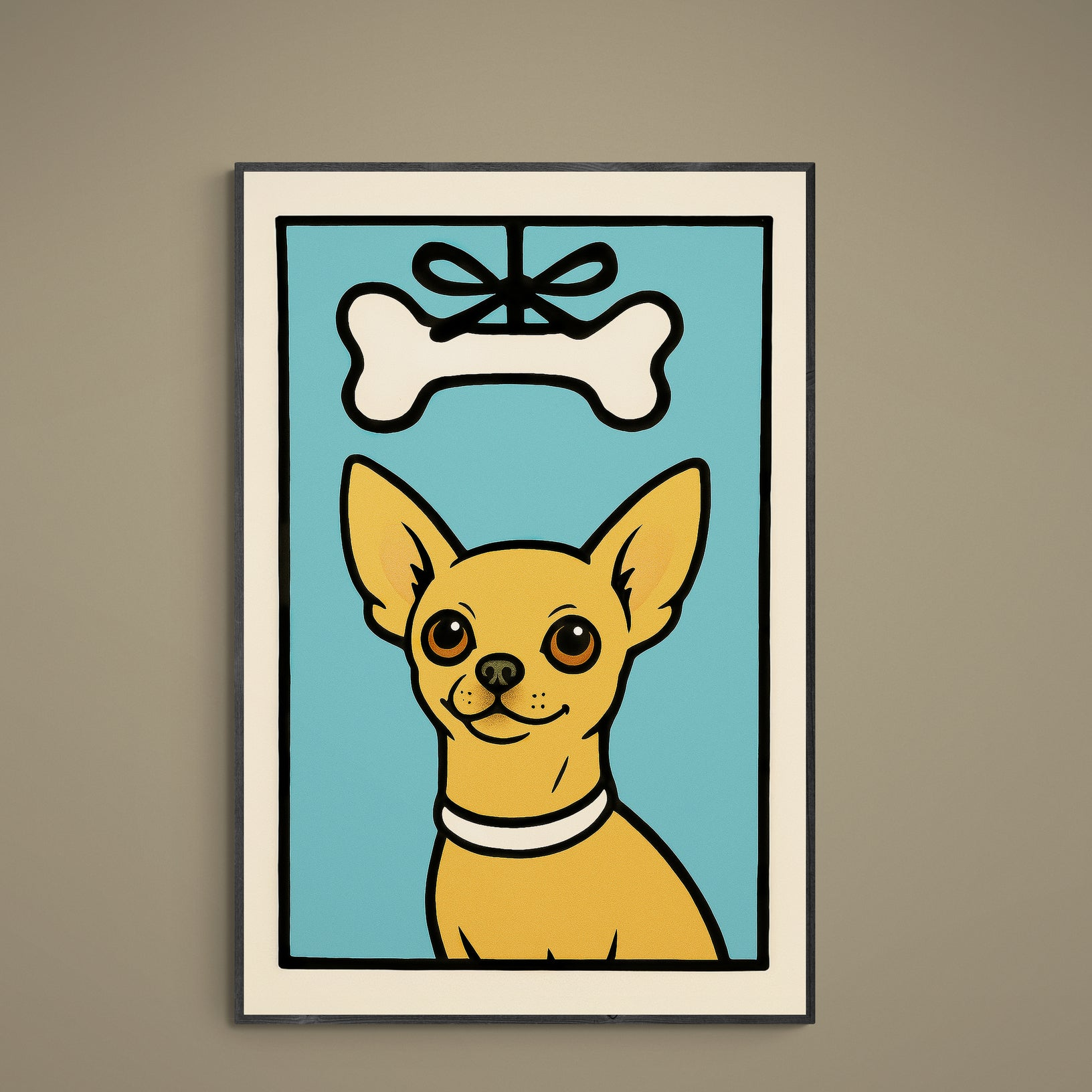 Yellow chihuahua pop art poster on turquoise background with cream border and white bone emblem