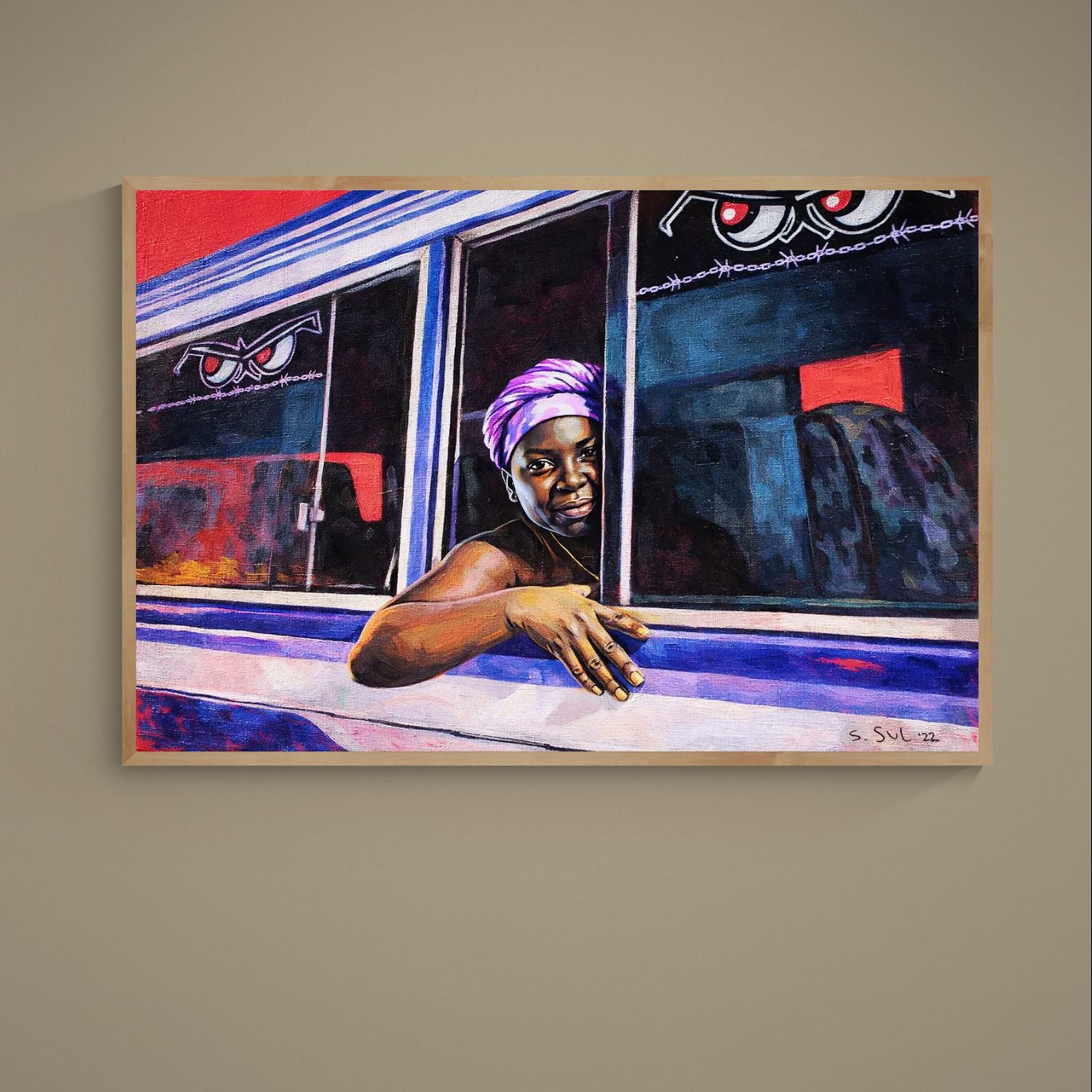 Colorful Suriname bus scene poster with Black woman in purple headwrap leaning from window
