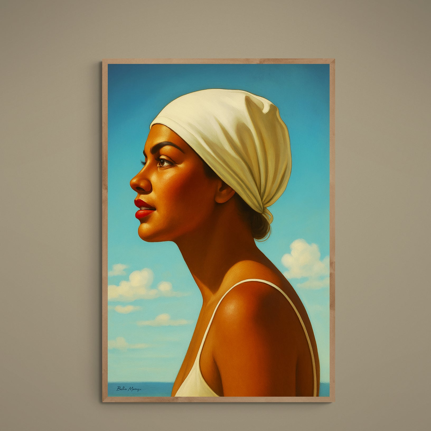 Sunlit female profile in white headscarf against turquoise sky and distant sea on matte poster