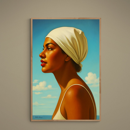 Sunlit female profile in white headscarf against turquoise sky and distant sea on matte poster