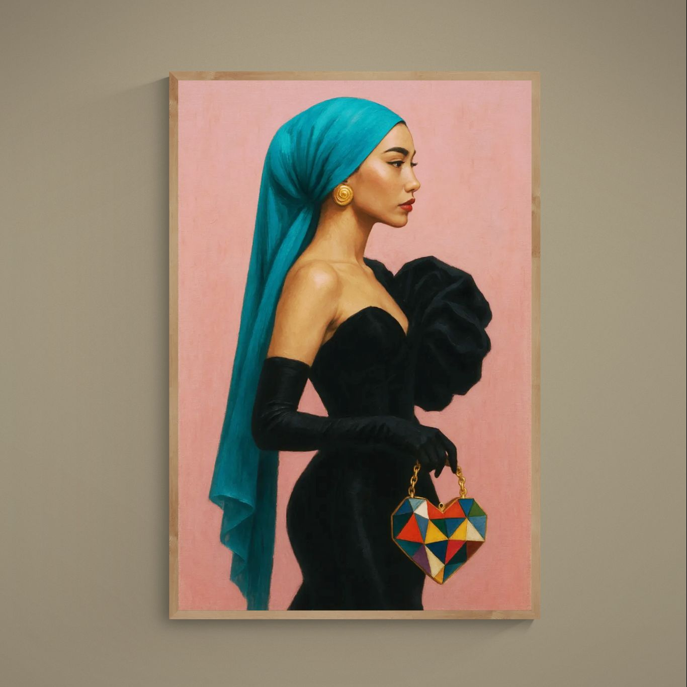 Woman in turquoise headscarf and black gown holding a geometric heart bag on pink background