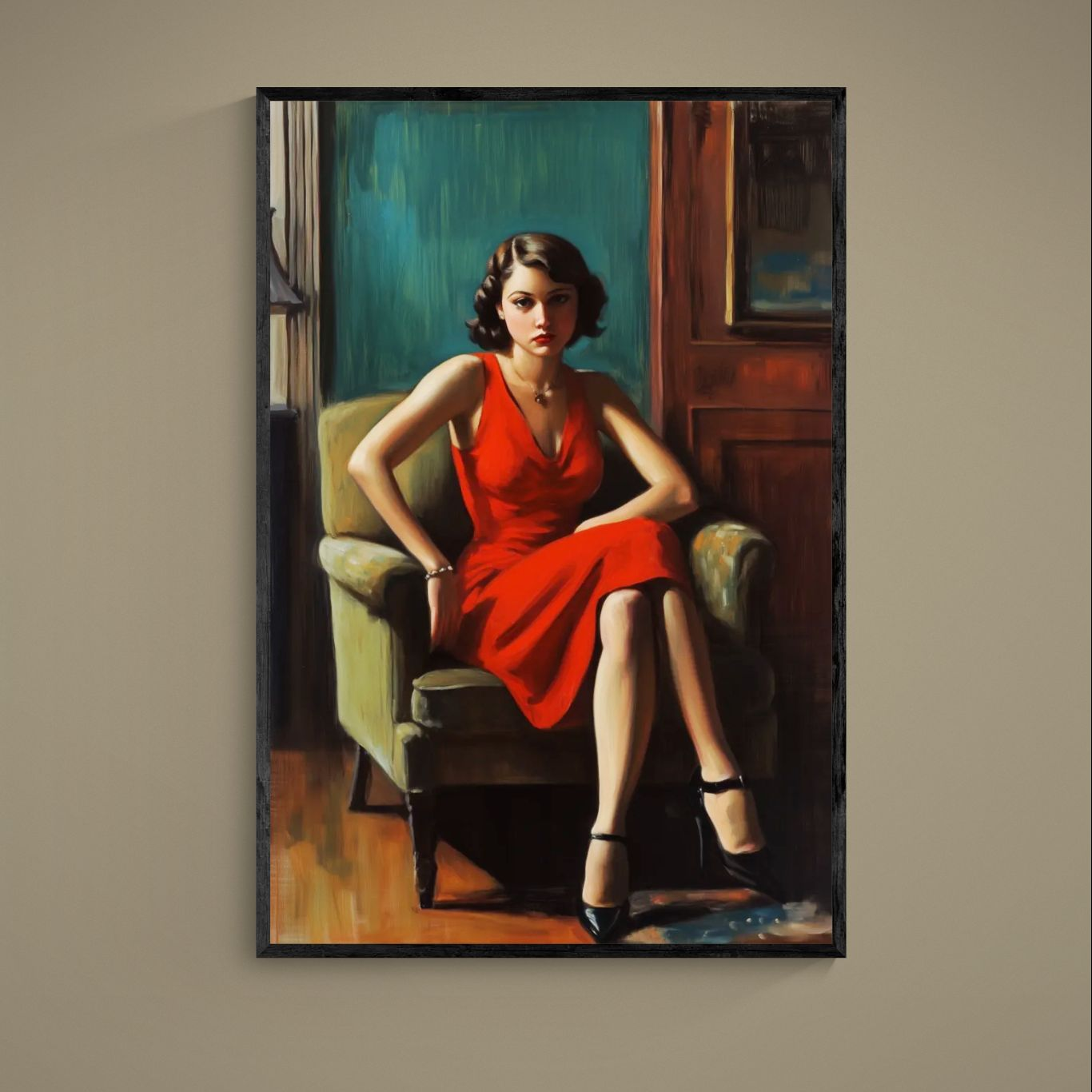 Painterly poster of woman in red dress seated in green armchair against wood-paneled room