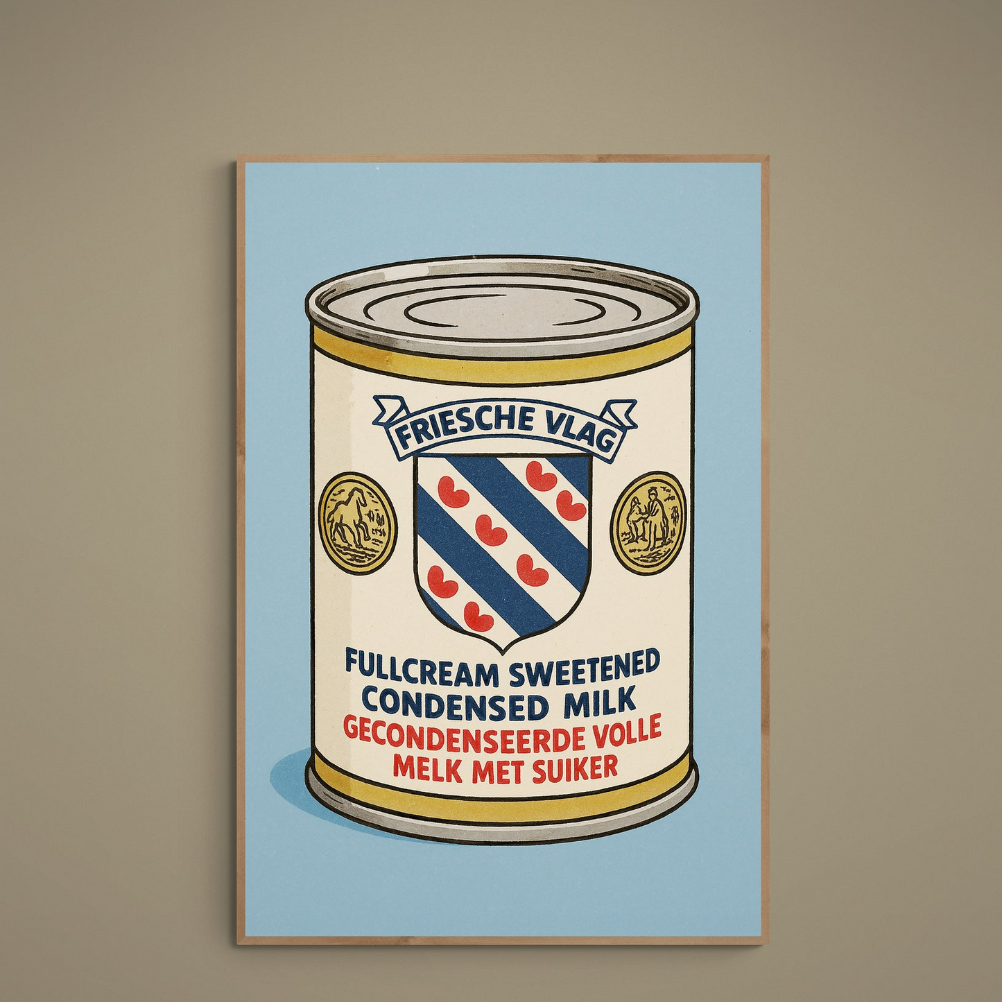 Retro Friesche Vlag condensed milk can illustration on blue matte poster
