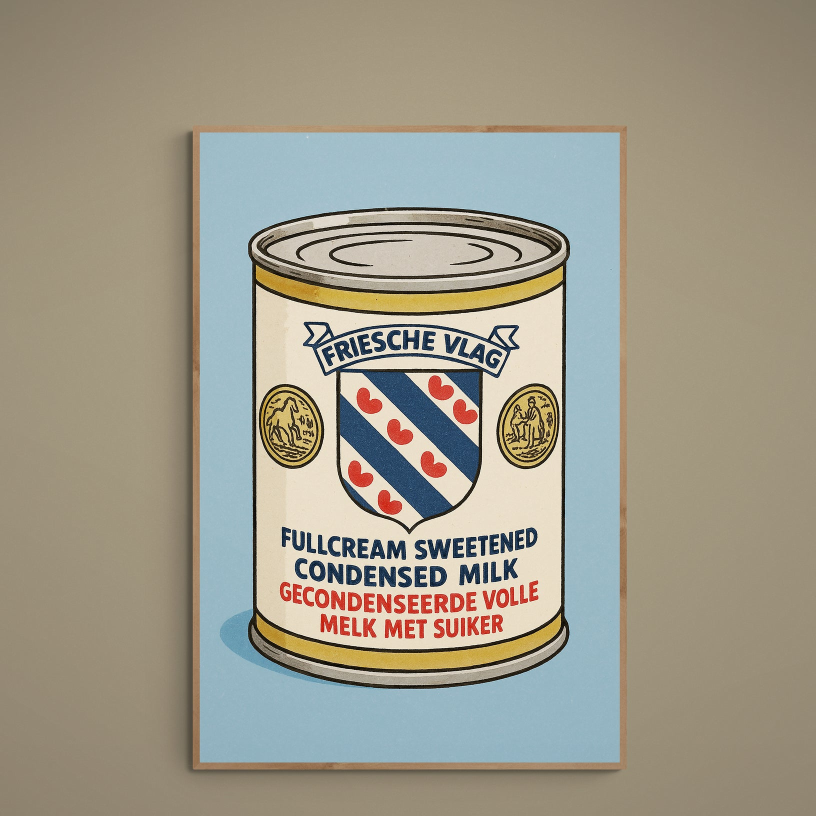 Retro Friesche Vlag condensed milk can illustration on blue matte poster