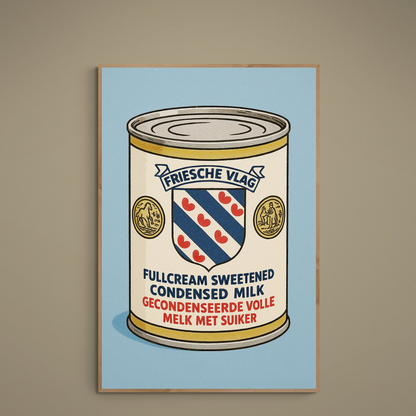 Retro Friesche Vlag condensed milk can illustration on blue matte poster