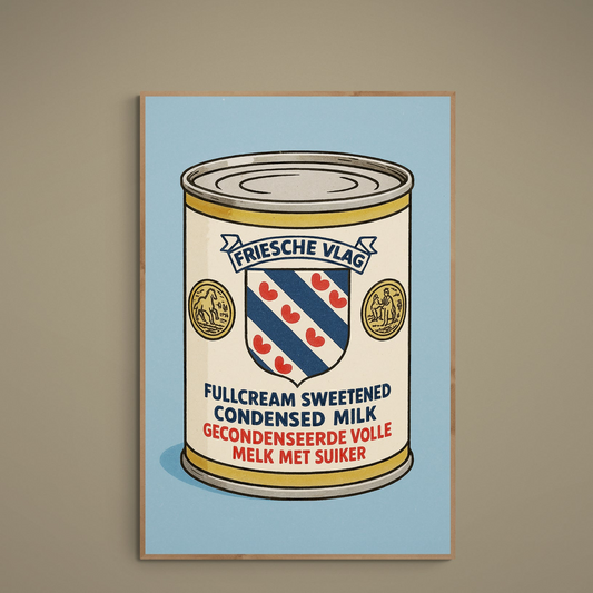 Retro Friesche Vlag condensed milk can illustration on blue matte poster