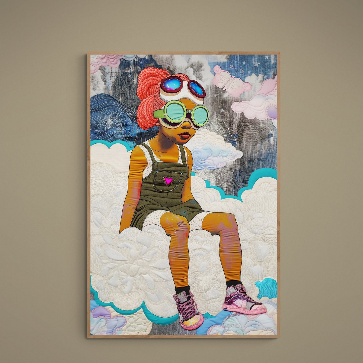 Afrofuturist poster of braided protagonist with pink hair, reflective goggles, and quilt-textured clouds
