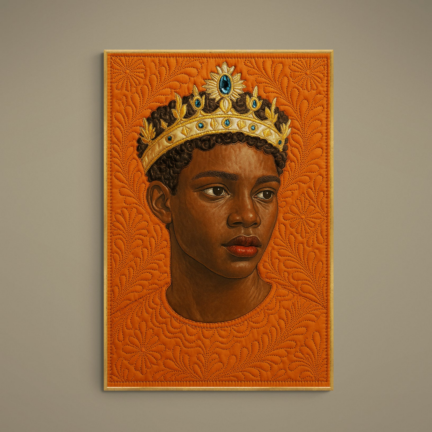 Afrocentric portrait with gold crown, blue jewels, and orange quilted floral background