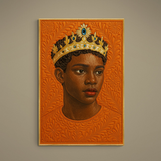 Afrocentric portrait with gold crown, blue jewels, and orange quilted floral background
