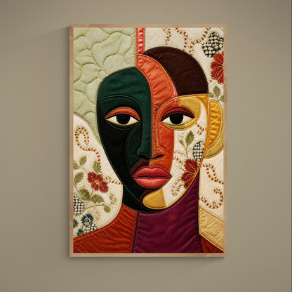 Quilt-inspired contemporary art poster of an abstract color-blocked portrait in Bisa Butler style, museum-quality matte paper