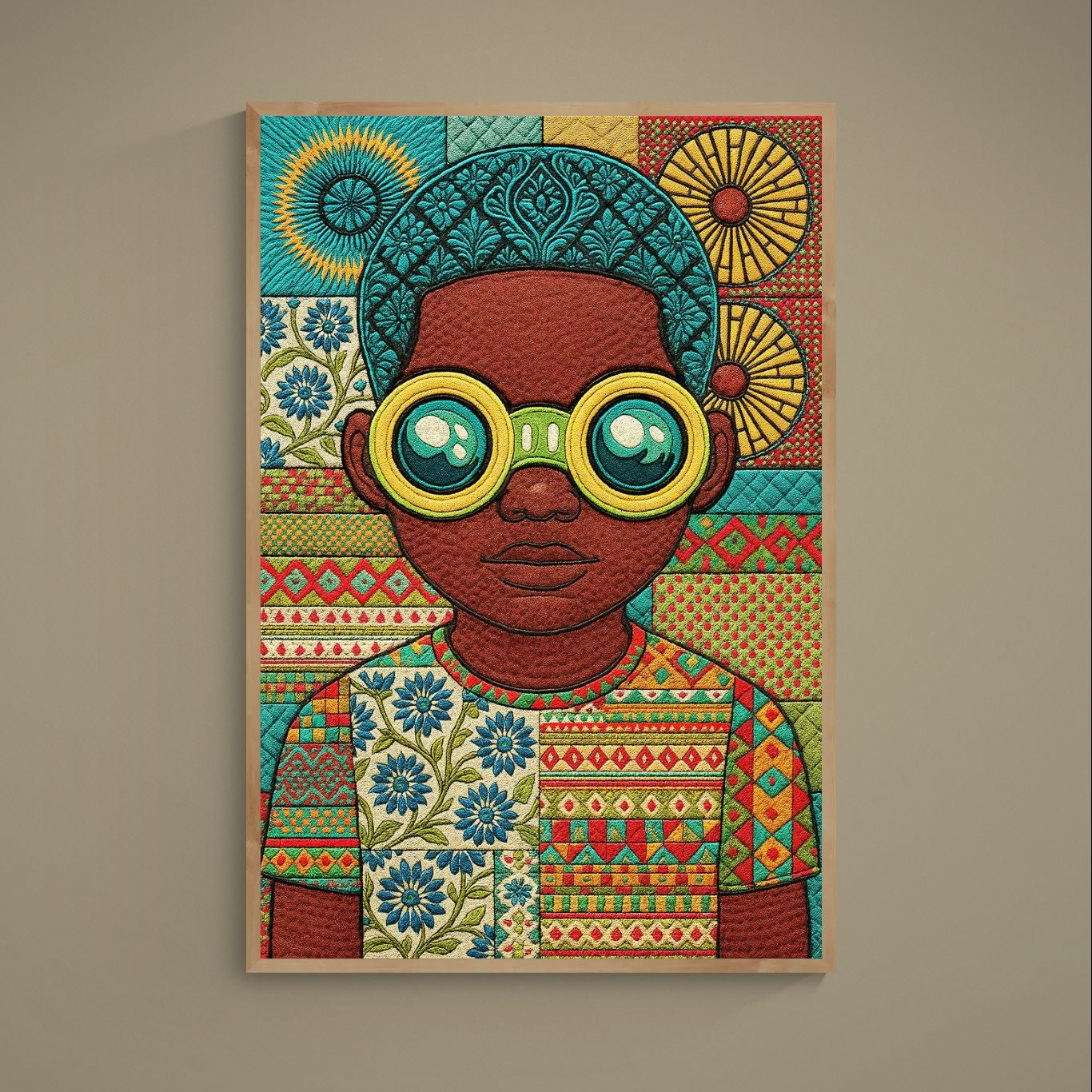 Afrofuturist portrait poster with teal goggles and quilt-like floral geometric patchwork background