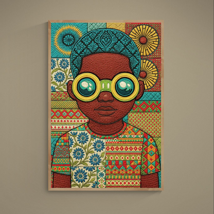 Afrofuturist portrait poster with teal goggles and quilt-like floral geometric patchwork background