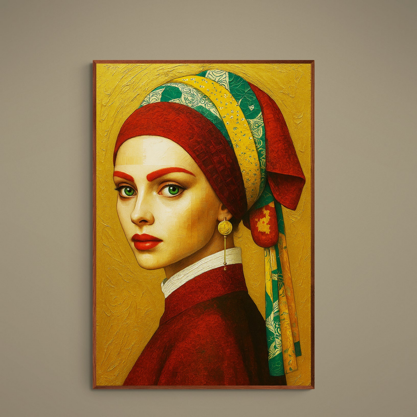 Renaissance-inspired woman portrait poster with emerald eyes, patterned headscarf and textured gold background