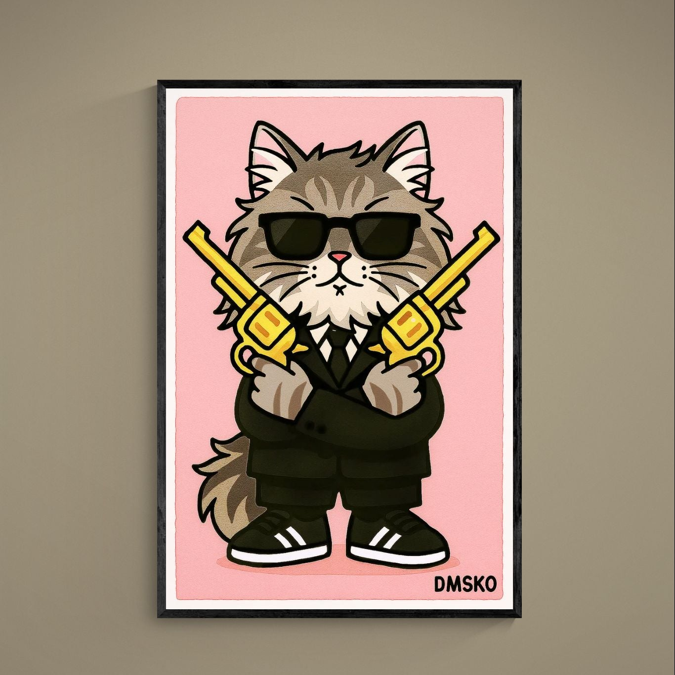 Pop art cat in sunglasses and suit holding crossed gold revolvers on a pink matte poster