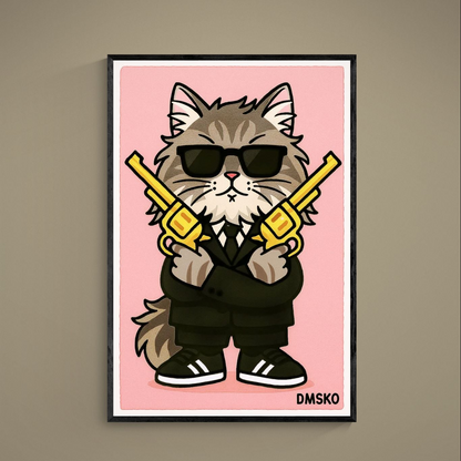 Pop art cat in sunglasses and suit holding crossed gold revolvers on a pink matte poster