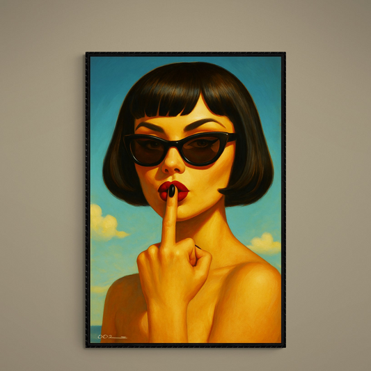Retro femme fatale portrait poster with cat-eye sunglasses, red lips, shh gesture, and blue sky background