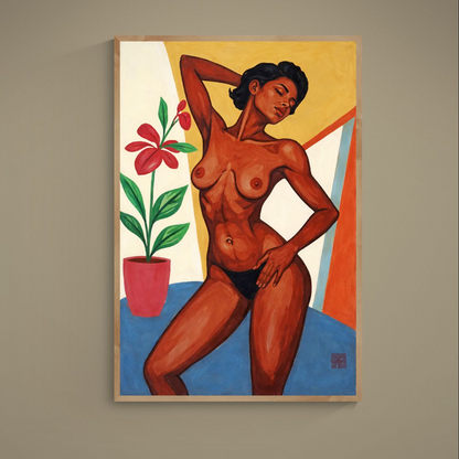 Portrait matte poster of nude woman beside red potted flower with warm geometric painterly background
