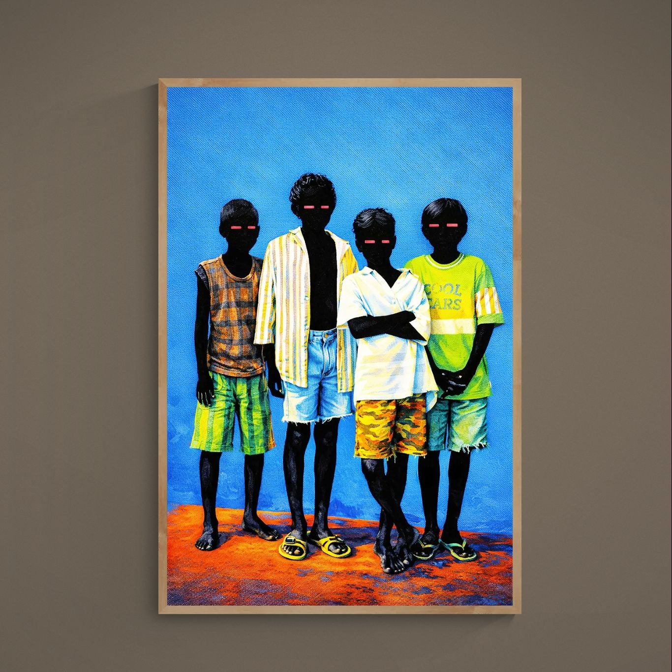 Surreal poster of four black silhouettes with neon pink eyes on blue and orange background