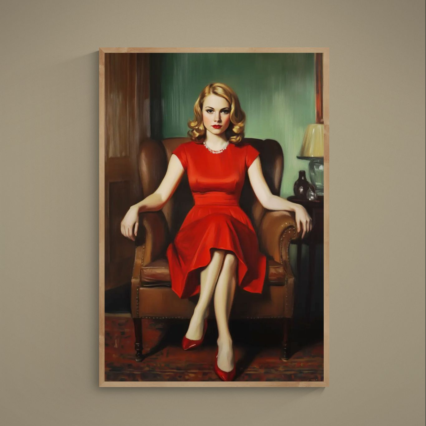 Woman in red dress seated in leather armchair, cinematic mid-century portrait poster