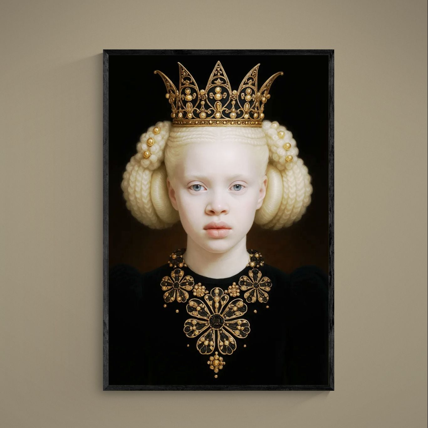 Photorealistic regal portrait with gold crown and necklace on black background