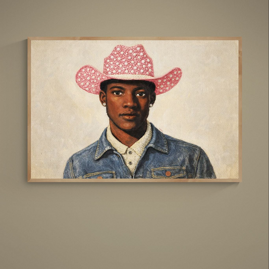 Photorealistic portrait poster of young man in pink polka-dot cowboy hat and denim jacket on beige background
