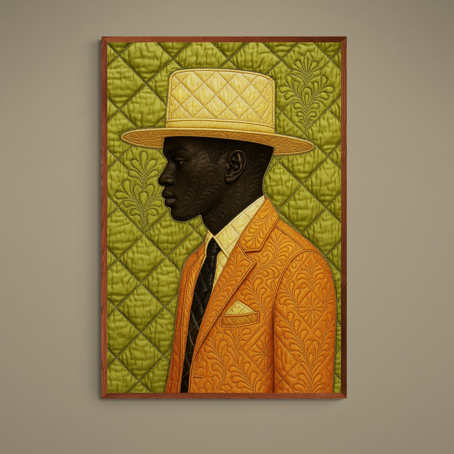 Side-profile gentleman in orange suit and gold hat on olive quilted floral background