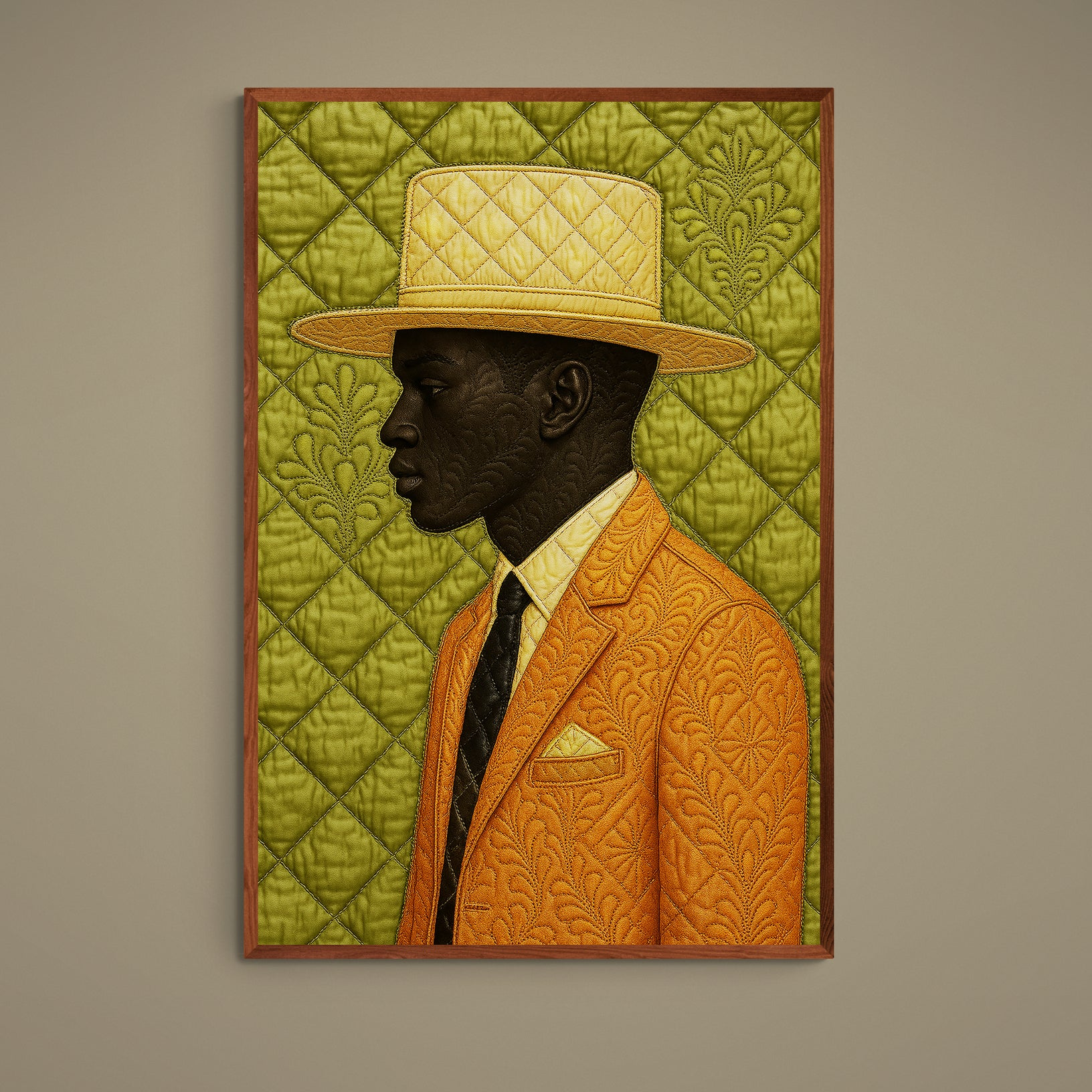 Side-profile gentleman in orange suit and gold hat on olive quilted floral background